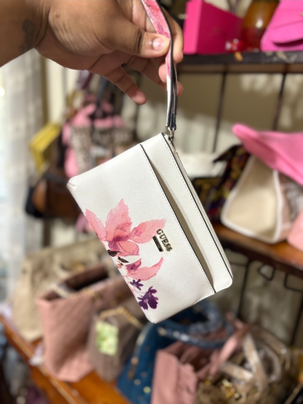 GUESS White Floral Wristlet Clutch with Pink Accents